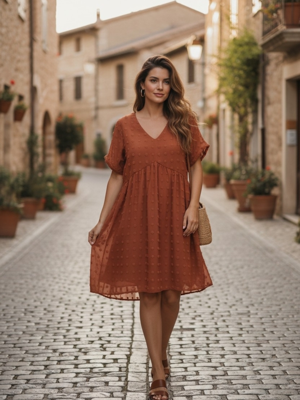 Kirundo Rust Swiss Dot V-Neck Babydoll Dress SZ XL